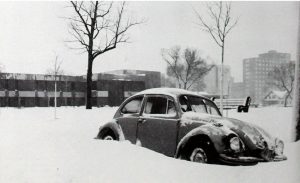 The orange Volkswagen Beetle, owned by Auggie Chuck Rath, snuck into the student center in the spring of 1983.